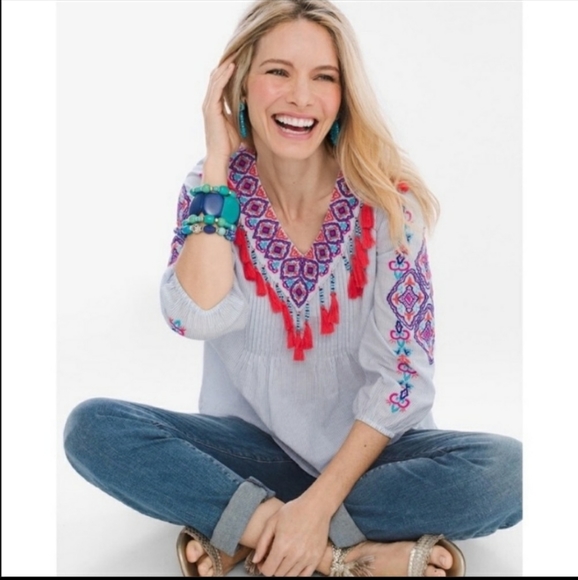 Chicos 2p blue stripe embroidered top tassles L - Picture 2 of 6